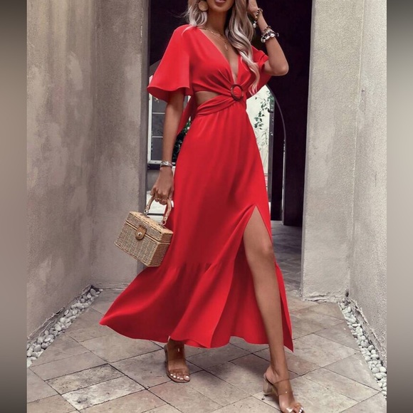 Boho cutout slit thigh batwing sleeve tie back maxi dress - Picture 13 of 16